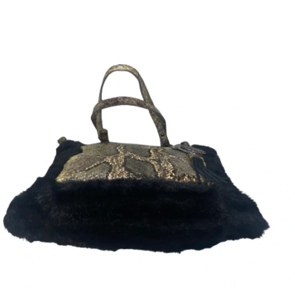 Sharif Skakeskin / Croc Embossed Tote Bag with Black Fur Trim